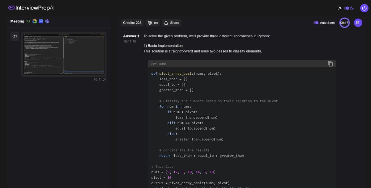 Screenshot of Interview Coding Pilot interface displaying coding challenges and real-time AI feedback